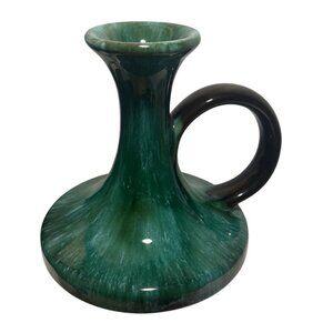 Blue Mountain Pottery Chamberstick Candle Holder Grn Drip Glaze 7" Tall MCM Vtg